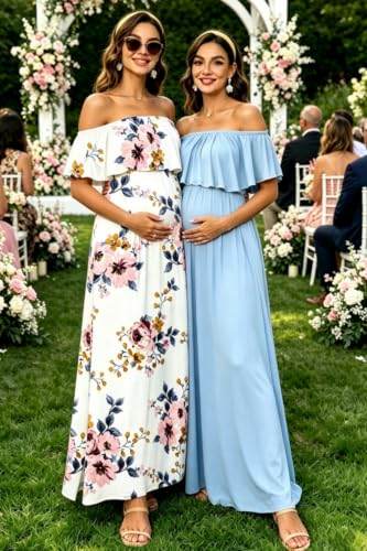 Off Shoulder Ruffle Sleeve Maternity Maxi Dress Side Slit - color: White Floral-hx131, size: Medium