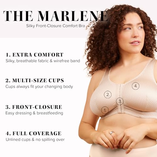 Leading Lady, Marlene, Front-Closure Bra for Women, Wireless, Full Coverage, Wide Straps, Breathable, Unlined, Silky, 36B-52G - color: Beige, size: 54B/D