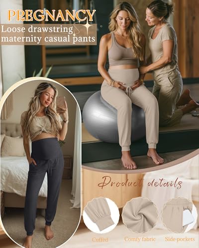 3 Pack Womens Maternity Pants Loose Pregnancy Joggers - color: Apricot, Dark Heather Gray, Black, size: Small