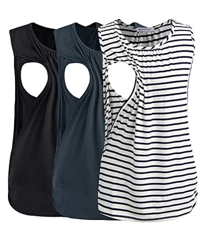 Smallshow Women's Maternity Nursing Tank Tops Breastfeeding Clothes 3-Pack - color: Black-dark Grey-white Stripe(3 Packs), size: Large