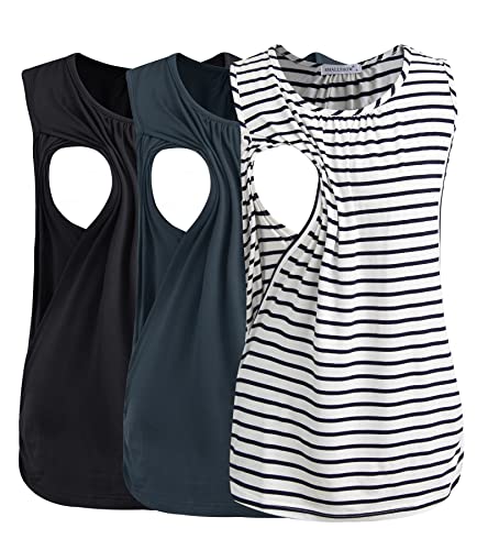 Smallshow Women's Maternity Nursing Tank Tops Breastfeeding Clothes 3-Pack - color: Black-dark Grey-white Stripe(3 Packs), size: Medium