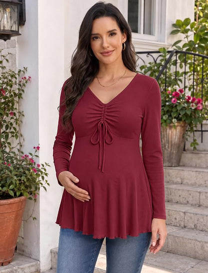Genhoo Womens Long Sleeve Maternity Tops Ribbed V Neck Maternity Shirts - color: Wine Red, size: XX-Large