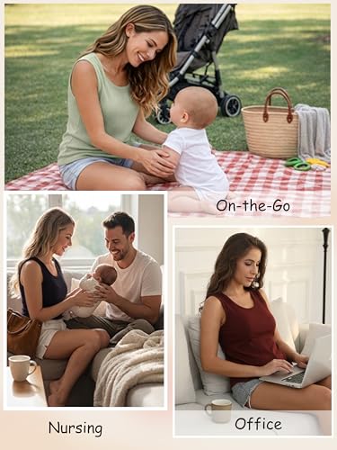 Ecavus Nursing Tank Tops for Breastfeeding, Ribbed Shirt with Hidden Zipper - color: Black+wine Red+green, size: Medium