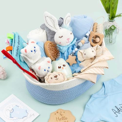 30 Piece Baby Gift Basket – Luxury Curated Baby Gift Basket for Newborn - color: White blue