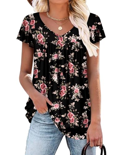 ROSELINLIN Womens Ruffle Sleeve Tunic Tops V Neck Loose Fit Short Sleeve Summer Shirts - color: A Ruffle Sleeve Red Rose, size: Large