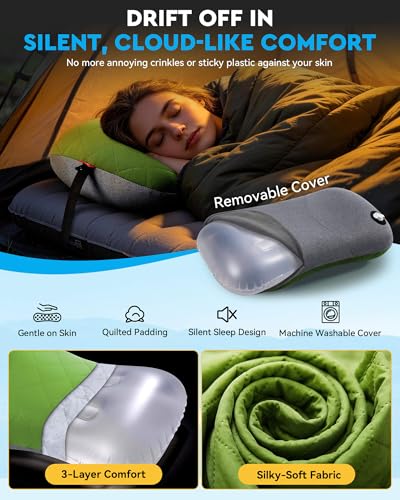Hikenture Camping Pillow with Removable Cover, Ultralight Inflatable Pillow - color: Green