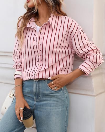 CHYRII Women's Striped Button Down Long Sleeve Blouse - color: Red-7185, size: XX-Large