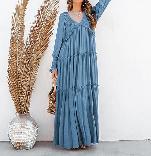 R.Vivimos Long Sleeve V Neck Flowy Maxi Dresses for Women - color: Blue, size: X-Large