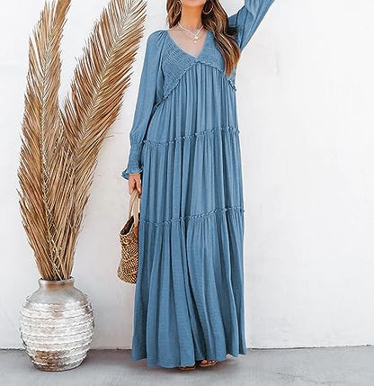 R.Vivimos Long Sleeve V Neck Flowy Maxi Dresses for Women - color: Blue, size: X-Large