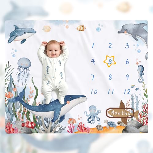 Baby Milestone Blanket, 50"x40" Ocean World Theme Nursery Blanket, Baby Monthly Milestone Blanket Boy Girl,Photography Props - color: Ocean World