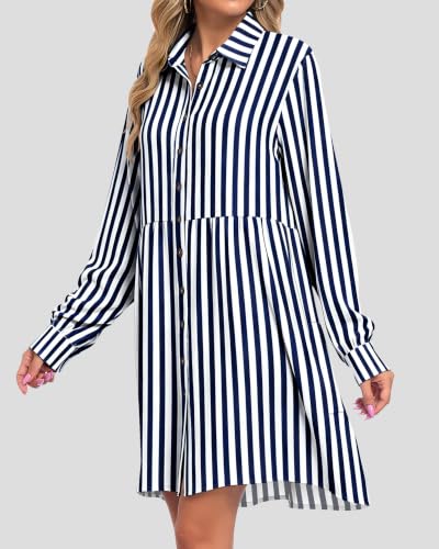AUSELILY Women's Babydoll Dress Casual Long Sleeve Fall Tunic Dresses - color: Navy Blue Stripes, size: Medium