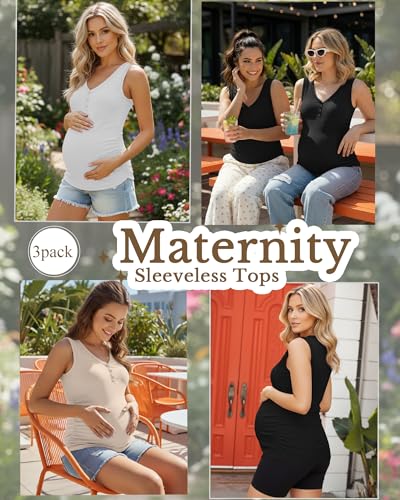 3 Pack Women Maternity Henley Tank Tops - color: Black, White, Apricot, size: X-Large
