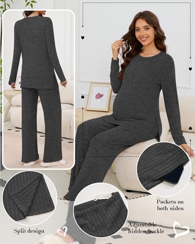 Women's 2 Piece Maternity Ribbed Pajama Outfit - color: Dark Gray, size: Medium