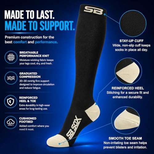 SB SOX Compression Socks for Men & Women (20-30mmHg) - color: Black/Beige, size: Small