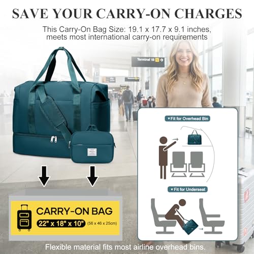 Travel Duffel Bag,Overnight Weekender Bags for Women with Shoe Compartment - color: Peacock Blue