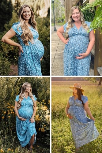 OUGES Women's Wrap V Neck Summer Maternity Photoshoot Dress with Pockets - color: Light Blue Floral, size: Medium