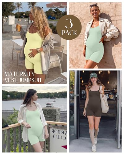 3 Pack Women's Maternity Jumpsuit Shorts - color: Light Yellow, Light Green, Brown, size: Small