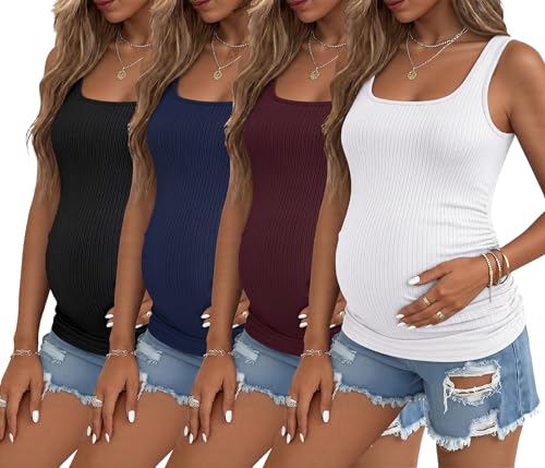 Ekouaer 4 Pack Maternity Tank Tops Ribbed Pregnancy Clothes Summer Outfit - color: Black/Dark Red/Navy Blue/White, size: Large
