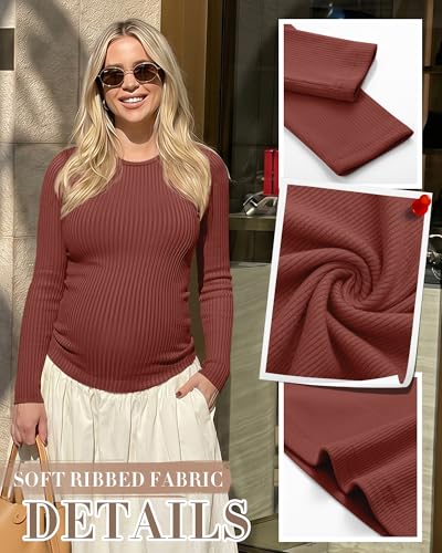 4 Pack Womens Ribbed Maternity Shirts Slim Fit Tops - color: Brick Red, Emerald Green, Apricot, Black, size: Large