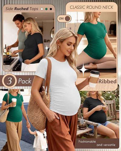 Ficerd 3 Pack Women's Short Sleeve Maternity Shirts - color: Green, White, Black, size: Large