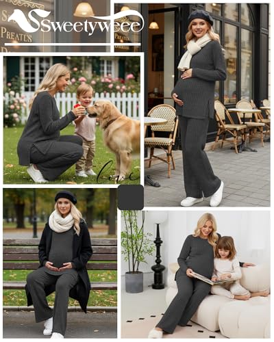 Women's 2 Piece Maternity Ribbed Pajama Outfit - color: Dark Gray, size: Large