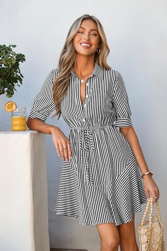 MASCOMODA Womens Striped Mini Summer Dress Button Work Dresses - color: Striped Black White, size: Large