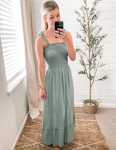 Tobrief Women's Boho Dress Summer Spaghetti Strap Square Neck Flowy Ruffle Beach Long Maxi Dress - color: 05 Green, size: Small