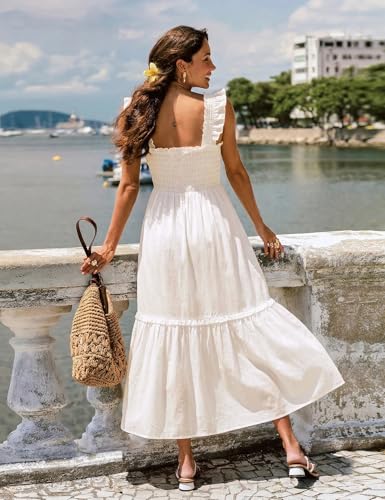 Women Summer Casual Midi Dress Square Neck Button Down Smocked Ruffle Strap Flowy Split Beach Sundress Pockets - color: White, size: Medium