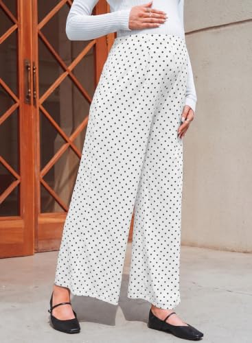 BLENCOT Women's Maternity Flowy Pants Polka Dot Pregnancy Trousers - color: White, size: Small