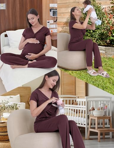 3-Piece Maternity Nursing Pajamas Set for Pregnancy & Postpartum - color: Dark Purple, size: Medium
