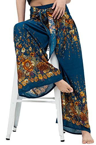 B BANGKOK PANTS Women's Boho Palazzo Pants - color: Green Flowers, size: One Size