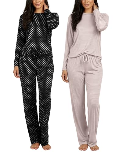2 Pack Women's Pajama Sets Long Sleeve Sleepwear Comfy Cute Loungewear PJ - color: Set C Black & Pink, size: Medium