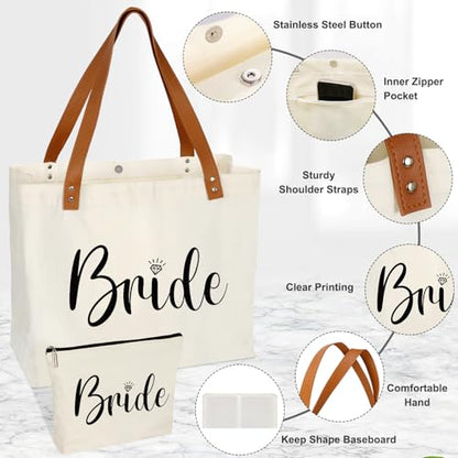 Bride Gifts Canvas Tote Bag with Makeup Bag,Bride to Be,Bridal Shower Gift - color: White-bride