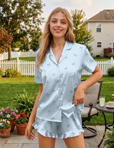 HOTOUCH Womens Satin Pajamas Set Button Down 2 Piece Ruffle Shorts Set - color: Blue Bowknot, size: XX-Large