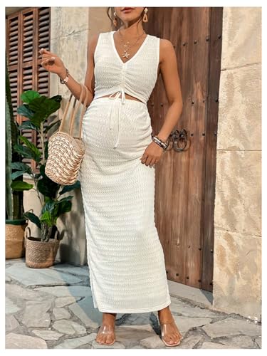 Milumia Women's Maternity 2 Piece Outfits Tank Top Bodycon Maxi Skirt Sets - color: Apricot, size: Medium