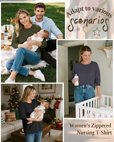 3 Pack Nursing Breastfeeding Tops - color: Army Green, Cement Gray, Black, size: Small