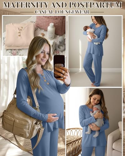 2 Piece Thermal Maternity Lounge Set - color: Gray Blue, size: Large
