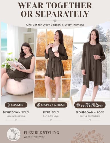Maternity Nursing Gown & Robe Set, Ruffle Hospital Loungewear - color: Taupe, size: Large