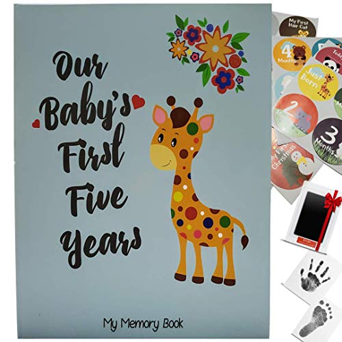 Novarena First 5 Years Baby Memory Book Journal Scrapbook 48 Pack Monthly Milestones Stickers & Clean-Touch Baby Safe Ink Pad - color: Giraffe and Jungle Theme for Boys
