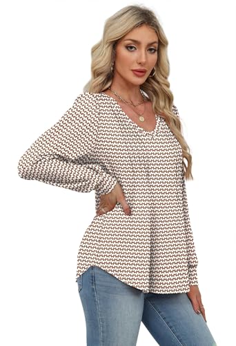 Alaroo Long Sleeve Shirts for Women V Neck Tops Pleated Tunic Print - color: Print 05, size: Medium