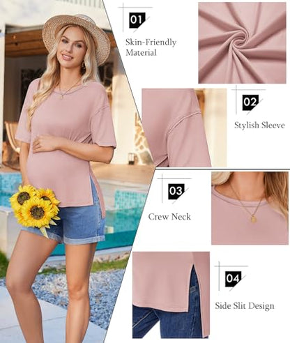 Ekouaer Maternity Shirts 3 Packs Short Sleeve Split Side Pregnancy Tops - color: Black/Army Green/Dirty Pink, size: Medium