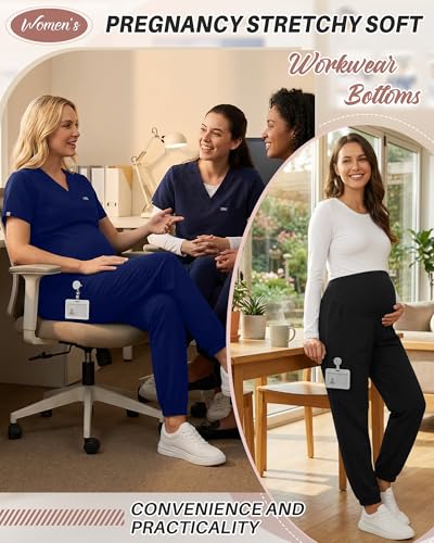 Oakgarden 2 Pack Women's Maternity Scrub Pants Pregnancy Scrubs - color: Black, Navy Blue, size: Medium