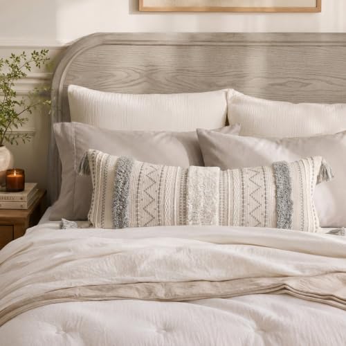 BlissBlush 14x36 Lumbar Pillow Cover for Bed, Rectangular Long Decorative Throw Pillowcase, Boho Accent Cushion with Gray Tufted Pattern and Tassels, Cream Neutral (Cover Only) - color: Gray, size: 36" x 14" (Pack of 1)
