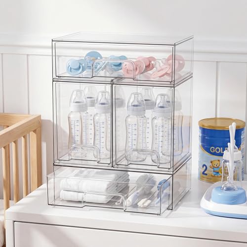 Baby Bottle Organizer, Stackable Storage Drawers with Labels and Hooks