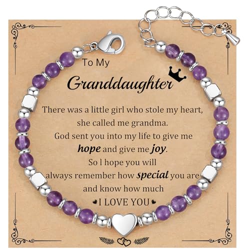 Christmas Gift for Women, Beaded Bracelets for Women Teen Girl Gifts Stocking Stuffers for Her Adjustable Nature Stone Bead Bracelet with Heart Birthday Jewelry Grandma Daughter Granddaughter Mom - color: Amethyst- Granddaughter