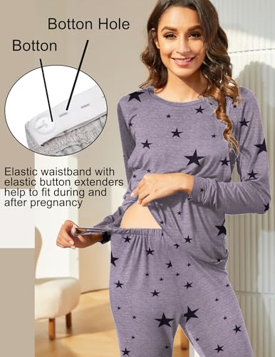 Ekouaer Nursing Pajamas Set Long Sleeve Maternity Clothes Thermal Underwear - color: Grey Star, size: Medium