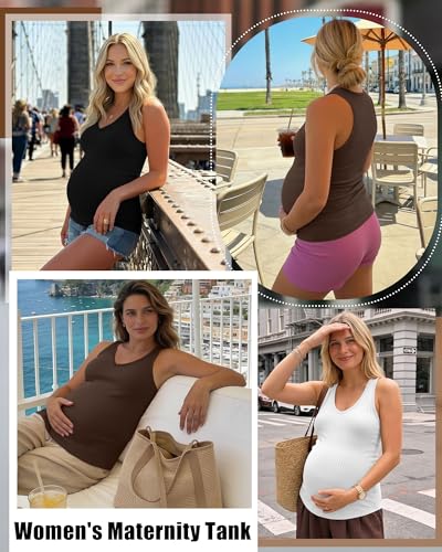 3 Pack Maternity Tank Tops Ribbed V Neck - color: Coffee, Black, White, size: Small