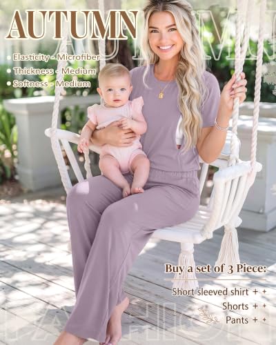 3 Piece Postpartum Nursing Pajamas Set Nursing Lounge Set - color: Light Purple, size: Large