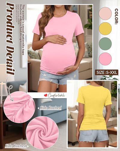 Huukeay 4 Pack Women's Short Sleeve Maternity Tops - color: Beige, Pastel Yellow, Gray Green, Light Pink, size: Small