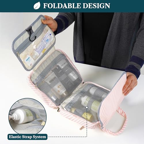 PAVILIA Hanging Toiletry Bag for Women, Portable Makeup Organizer, Pink - color: Pink Stripe